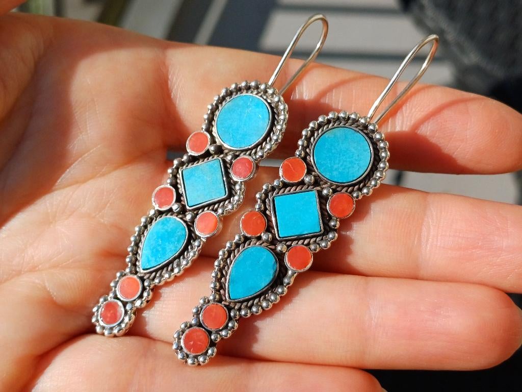 Vanoli 925 zilver oorbellen bloedkoraal turquoise uit India, Hangers, Vanoli, Blauw, Amsterdam