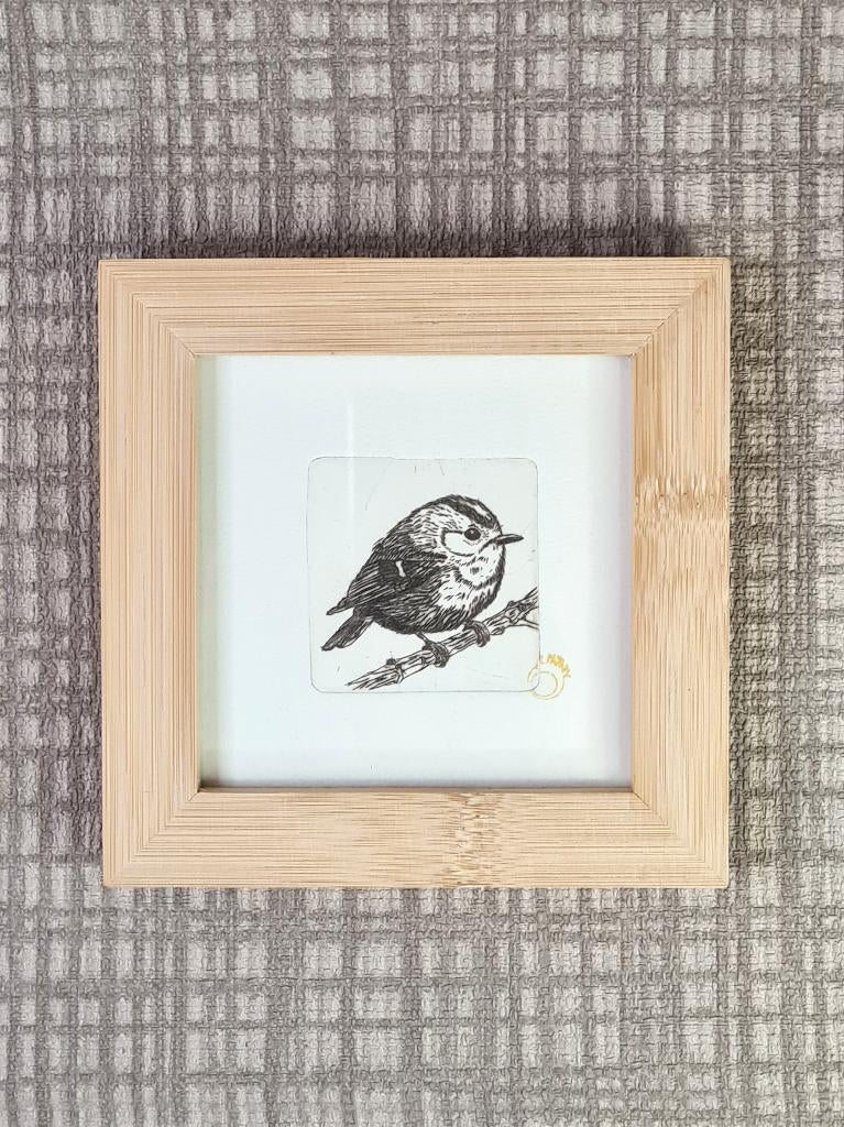 Ets van vogel, een goudhaantje, 10x10 cm, met bamboe lijst, Minder dan 50 cm, Oorspronkelijke maker, Nieuw, Ophalen of Verzenden