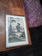 Originele Hummel prent, jongen op hek met vogel, 38x27 cm, Ophalen of Verzenden