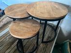 Set van 3 bijzettafels, rond, hout en metaal, Gebruikt, Rond, 55 tot 75 cm, Hout