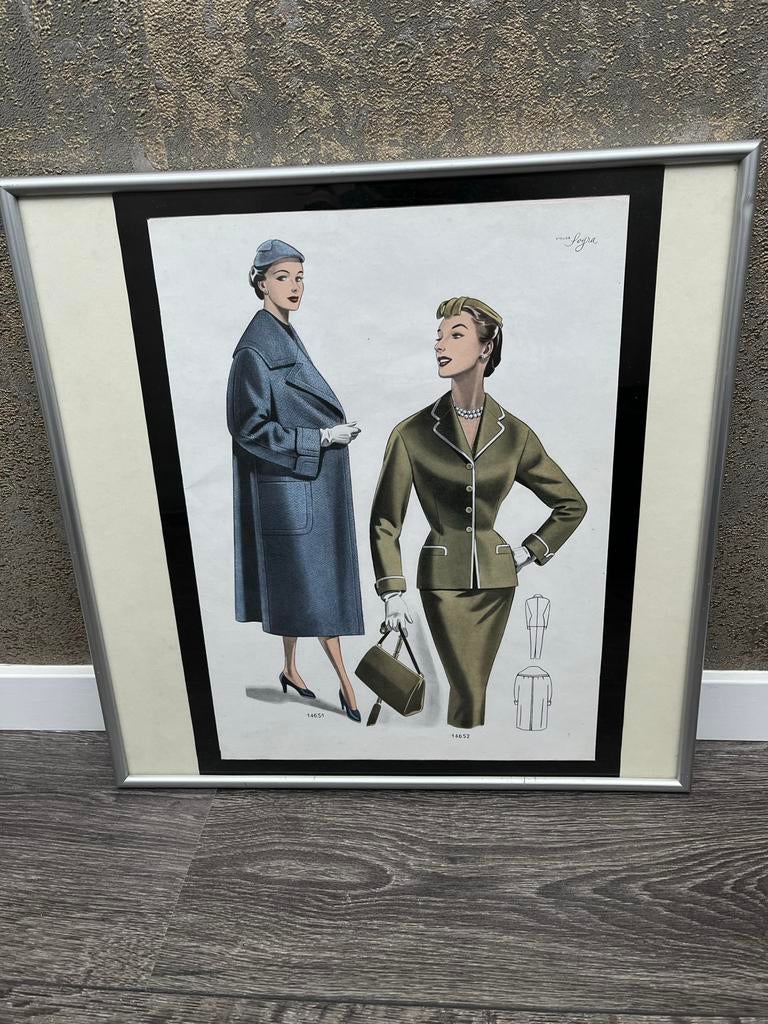 Vintage Vogue Mode Illustratie - Jaren '50 Elegantie, Antiek en Kunst, Kunst | Schilderijen | Klassiek, Ophalen of Verzenden