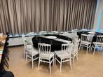 Complete set: 70 Witte Napoleon stoelen & 8 ronde tafels, Kunststof, Gebruikt, 150 tot 200 cm, Rond