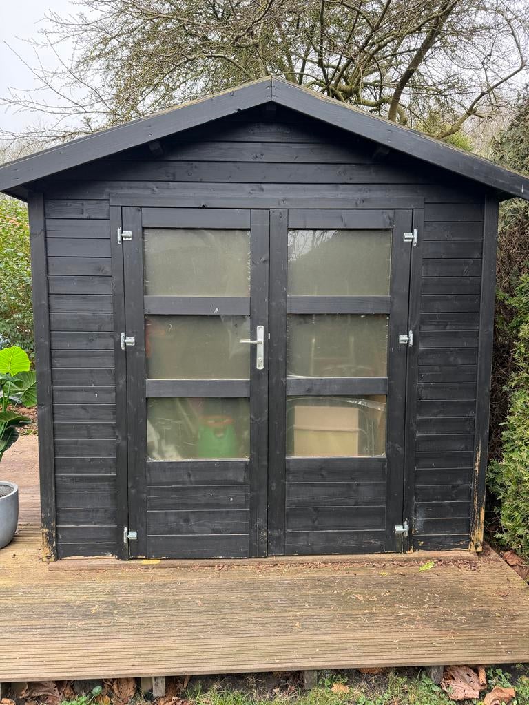 Zwarte houten schuur met dubbele deuren, Tuin en Terras, Tuinhuizen, Ophalen, 250 tot 500 cm, Schuur, 2 ramen
