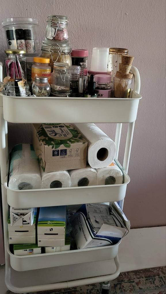 Witte metalen trolley met 3 etages, Huis en Inrichting, Ophalen, Zo goed als nieuw