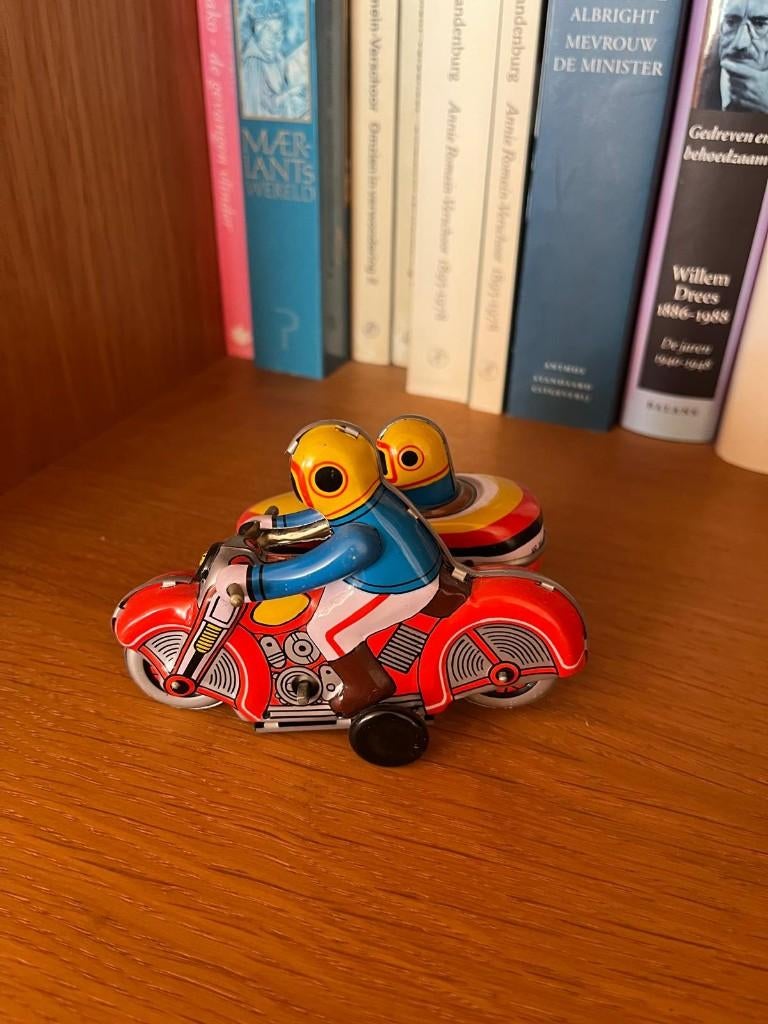 Vintage blik motor met zijspan, Antiek en Kunst, Antiek | Speelgoed, Ophalen of Verzenden