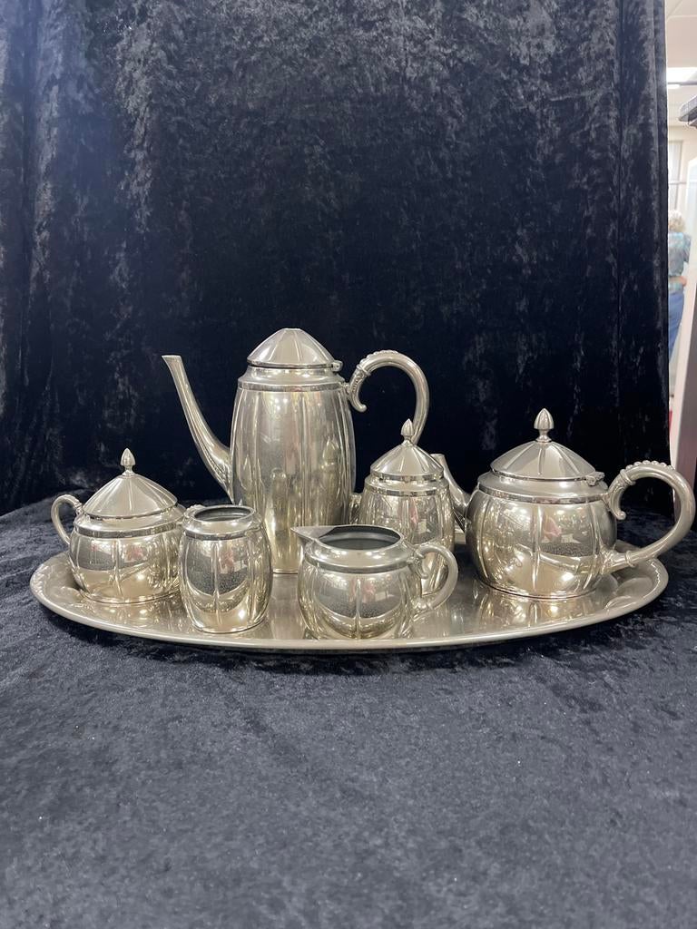 Tinnen thee en koffie set met dienblad, Ophalen of Verzenden