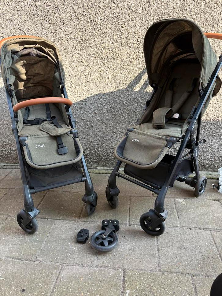 2 Puck Join buggy's met adapters, Kinderen en Baby's, Buggy's, Gebruikt, Overige merken, Duomodel, Regenhoes, Verstelbare rugleuning