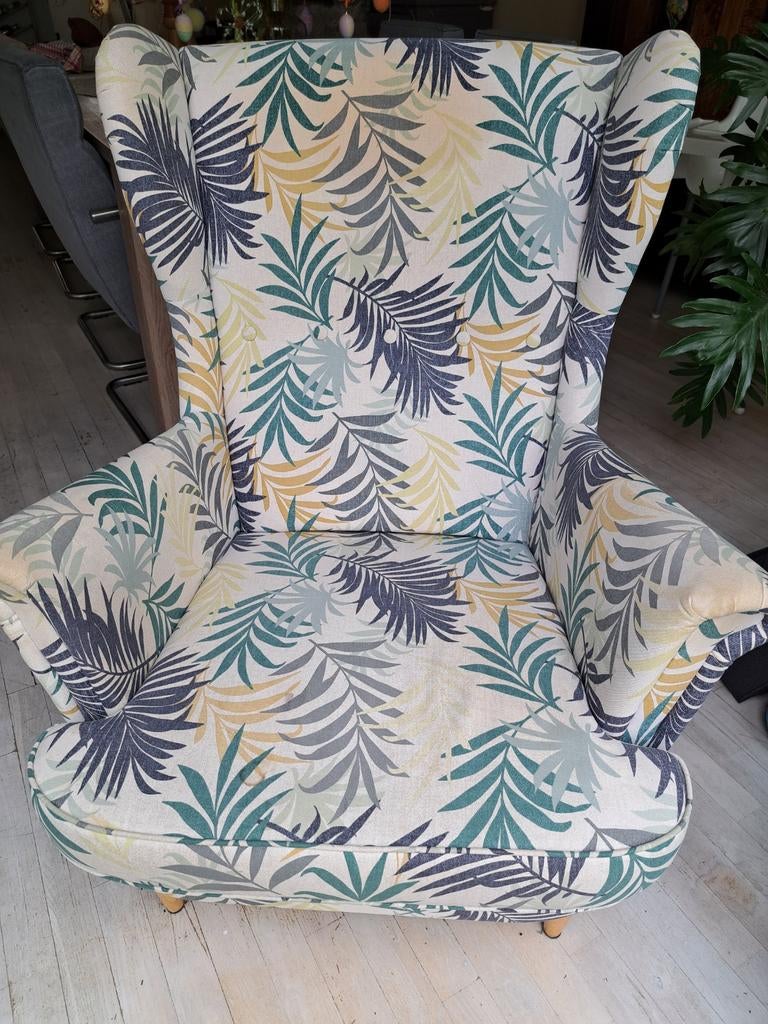 Strandmon fauteuil stof in veren print., Huis en Inrichting, Fauteuils, Ophalen, Gebruikt, Romantisch, 75 tot 100 cm