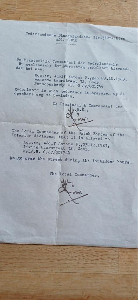 Wo2 document NBS speruren, Verzamelen, Militaria | Tweede Wereldoorlog, Ophalen of Verzenden, Nederland