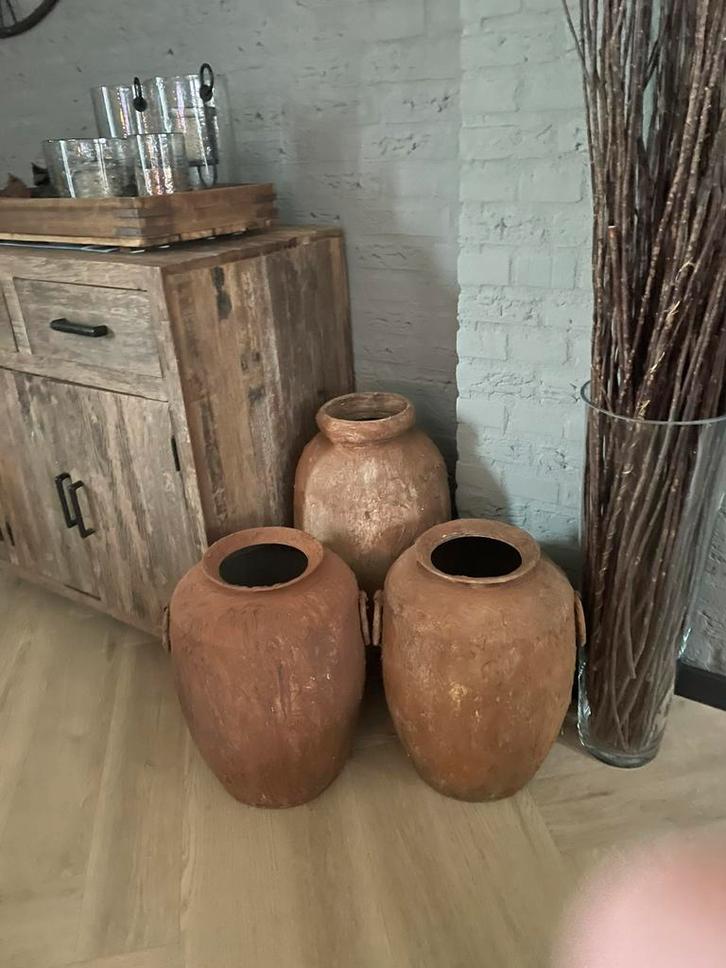 3 Landelijke roestkleurige kruiken/potten, Huis en Inrichting, Woonaccessoires | Vazen, Gebruikt, Rood, Minder dan 50 cm, Overige materialen