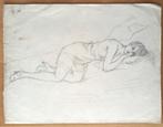 A493-30 Oude tekening vrouw op bed met korte jurk schoenen, Ophalen of Verzenden