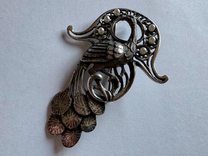 Grote zilveren broche/ hanger pauw met parels, Sieraden, Tassen en Uiterlijk, Broches, Nieuw, Zilver, Ophalen of Verzenden