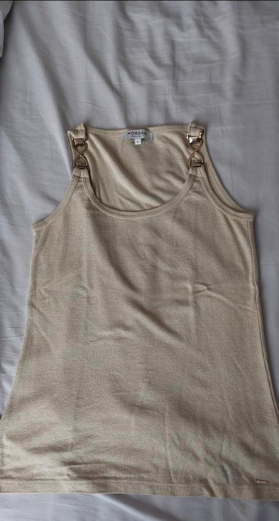 Tanktop😊met glitter en gespen bovenin, Kleding | Dames, Tops, Zo goed als nieuw, Maat 38/40 (M), Beige, Zonder mouw, Ophalen of Verzenden