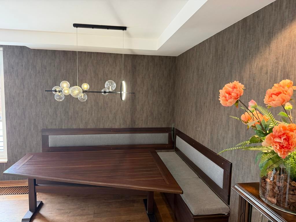 houten eethoek met hoekbank, Ophalen, Gebruikt, 6 tot 8 stoelen