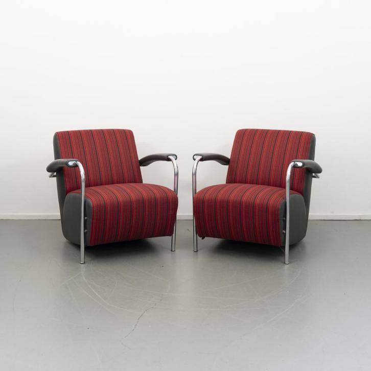 4x Leolux Scylla lage rug rood/bruin gestreept Chili Flavour, Huis en Inrichting, Fauteuils, Zo goed als nieuw, Leer, Ophalen of Verzenden