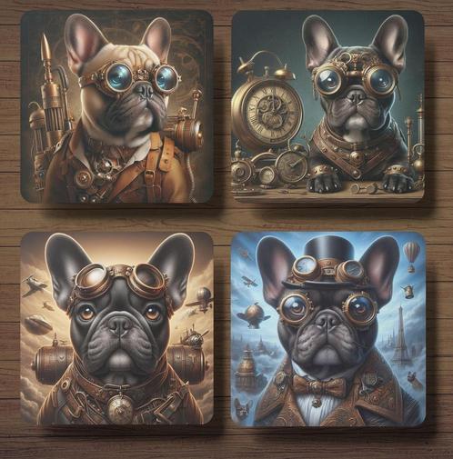 Franse Bulldog Steampunk onderzetters met houder, Huis en Inrichting, Woonaccessoires | Onderzetters, Nieuw, Glas of Kopje, Ophalen of Verzenden