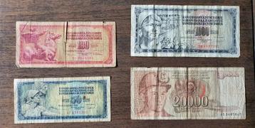Vier biljetten Joegoslavië – 50, 100, 1000 + 20000 Dinar beschikbaar voor biedingen