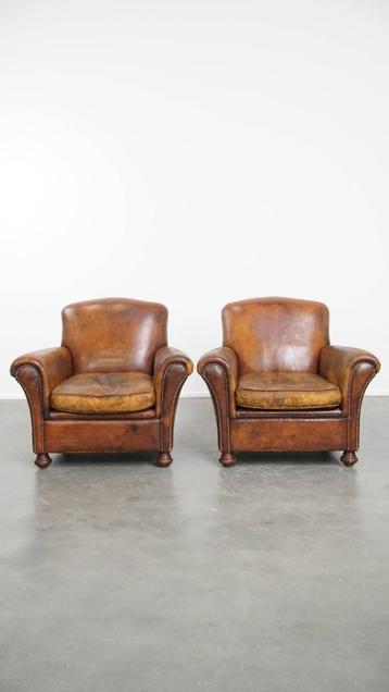 Set van 2 zeer comfortabele vintage schapenleren fauteuils beschikbaar voor biedingen