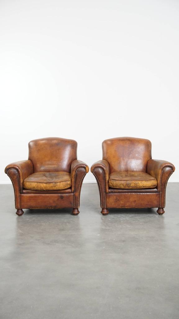Set van 2 zeer comfortabele vintage schapenleren fauteuils, Huis en Inrichting, Fauteuils, Gebruikt, Leer, 75 tot 100 cm, 75 tot 100 cm