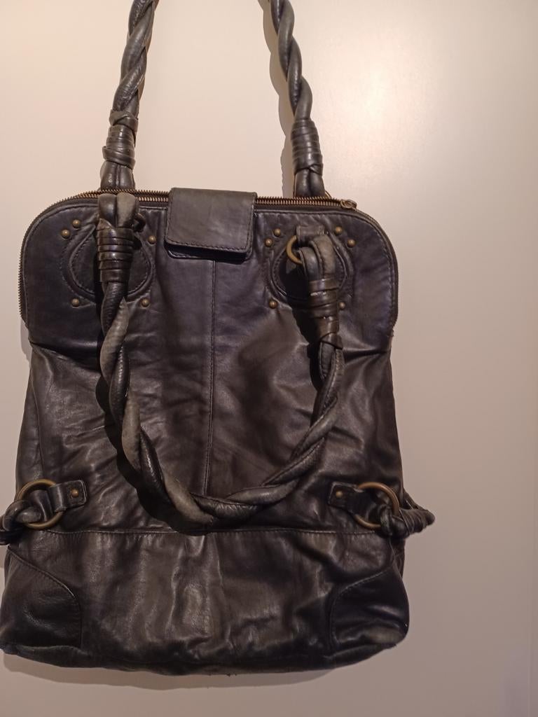 Zwarte  leren handtas met gevlochten handvatten, Ophalen of Verzenden, Zo goed als nieuw, Zwart, Overige typen