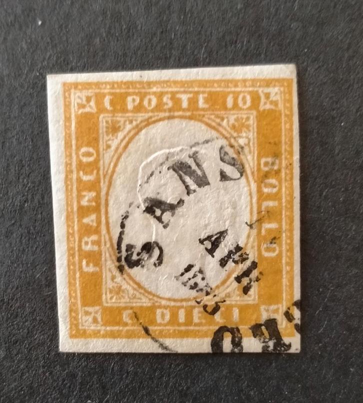 ITALIË - SARDEGNA 1862 10 centisimi giallo ocra Sa14Db, Postzegels en Munten, Postzegels | Europa | Italië, Ophalen of Verzenden