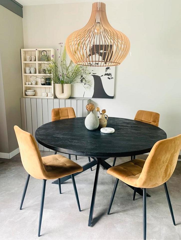 Eettafelstoelen bruin zandkleur, Huis en Inrichting, Stoelen, Gebruikt, Vier, Stof, Bruin, Ophalen