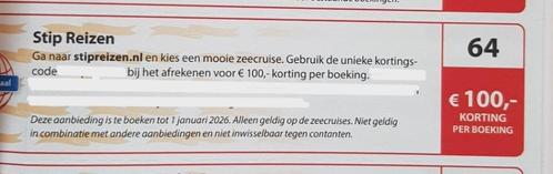 Stip Reizen €100,- korting per boeking op zeecruises, Tickets en Kaartjes, Kortingen en Cadeaubonnen, Drie personen of meer, Overige typen