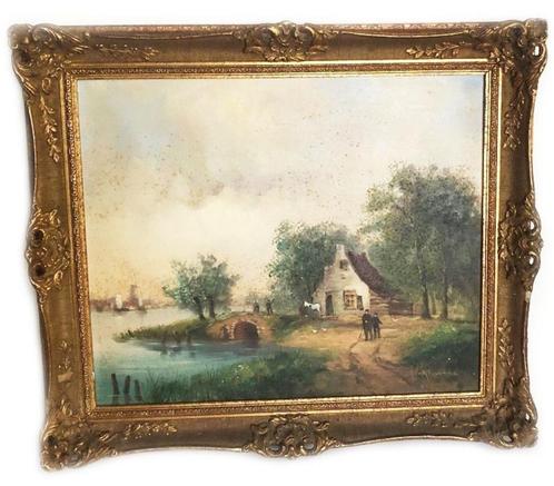 Oude schilderij boerderij olieverf op doek, Antiek en Kunst, Kunst | Schilderijen | Klassiek, Ophalen of Verzenden