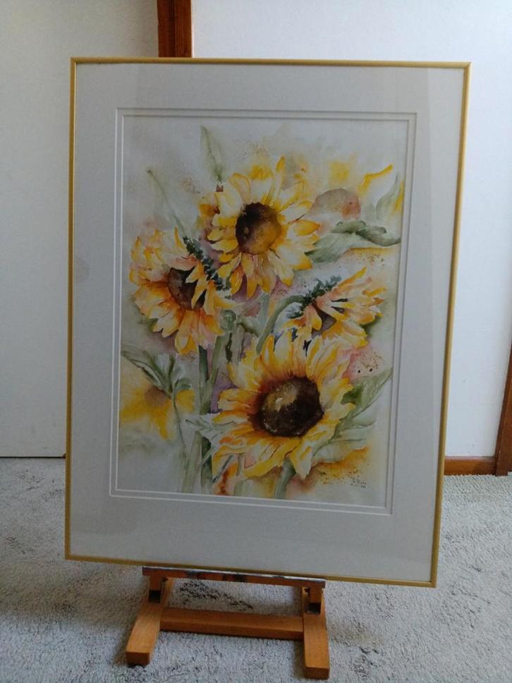 Zonnebloem aquarel ingelijst met passe partout. 80 H x br.60, Huis en Inrichting, Woonaccessoires | Schilderijen, Tekeningen en Foto's
