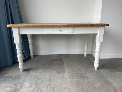 Grenenhouten eettafel met wit onderstel en lade, Huis en Inrichting, Tafels | Eettafels, Gebruikt, 150 tot 200 cm, 50 tot 100 cm