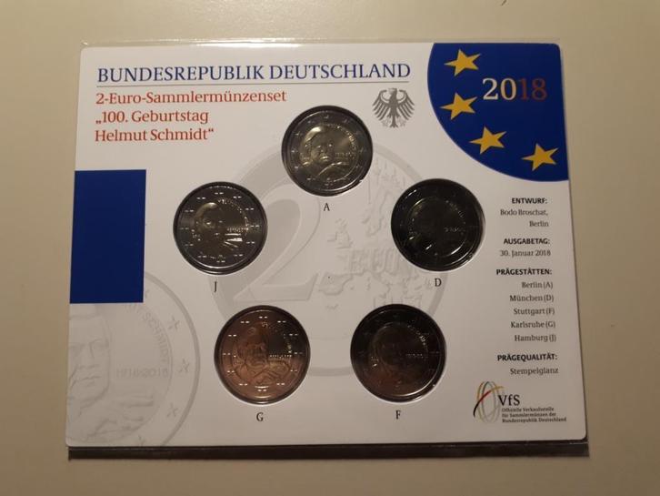 Duitsland 2018: 5x 2 Euro Helmut Schmidt (BU, blister), Postzegels en Munten, Munten | Europa | Euromunten, 10 euro, Duitsland