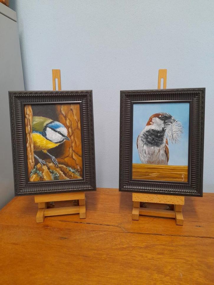 Schilderij mus & pimpelmees -eigen werk -  origineel cadeau, Antiek en Kunst, Kunst | Schilderijen | Modern, Ophalen of Verzenden