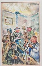 Pentekening aquarel Cafe met stamgasten gesigneerd, Ophalen of Verzenden