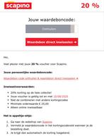 Scapino kortingsbon 20%, Tickets en Kaartjes, Eén persoon, Kortingsbon, Overige typen