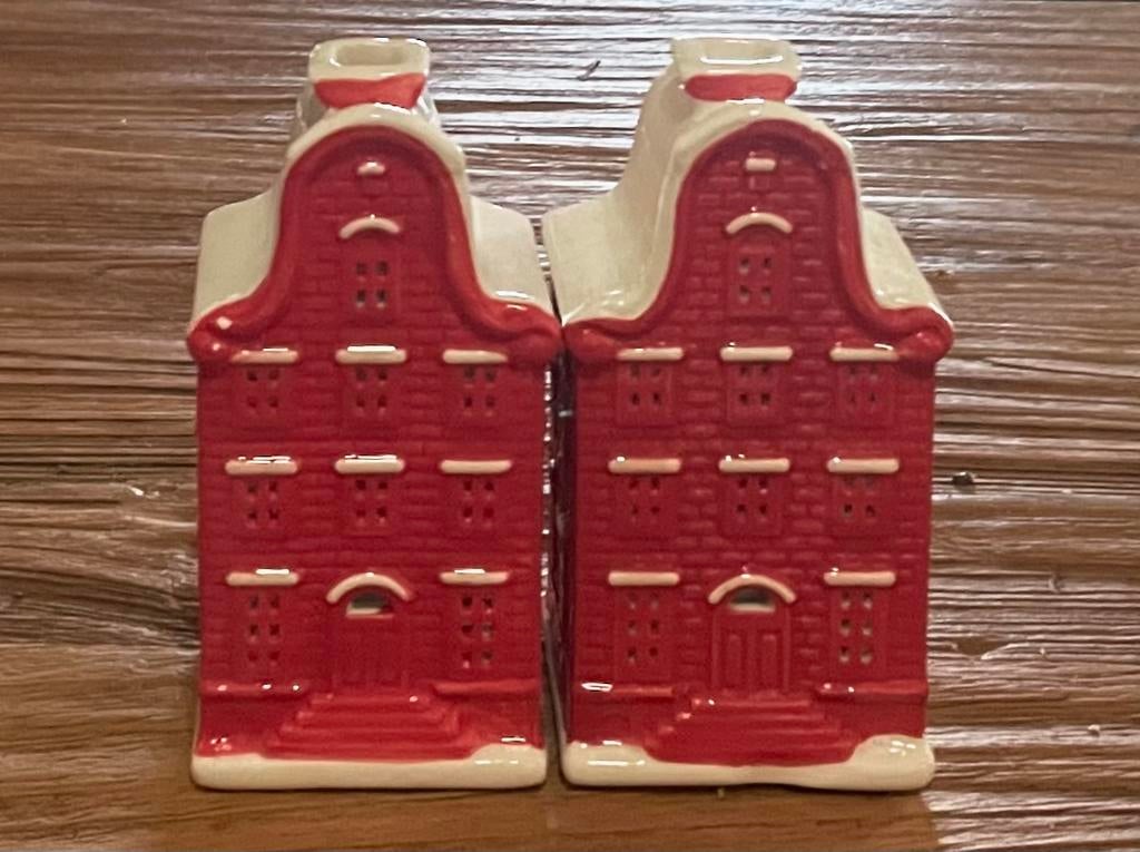 Keramische huisjes kandelaars, Overige materialen, Wit, Ophalen of Verzenden, Zo goed als nieuw