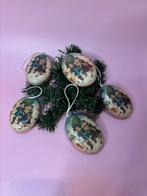 Set 5 vintage print ovaal kerstballen hangers kunststof, Ophalen of Verzenden, Zo goed als nieuw