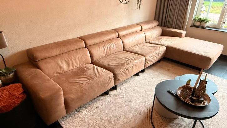 Bruine grote bank, Huis en Inrichting, Banken | Bankstellen, Gebruikt, Hoekbank, Vierpersoons of meer, 300 cm of meer, 75 tot 100 cm