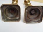 Stel geelkoperen kandelaars rond 1850 met stel pin, Antiek en Kunst, Antiek | Kandelaars, Verzenden, Koper of Brons