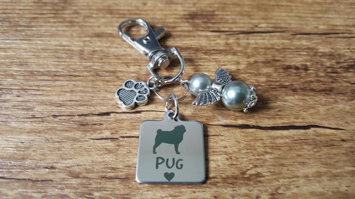 Sleutel/Tashanger Pug Mopshond RVS met beschermengel, Dieren en Toebehoren, Honden-accessoires, Nieuw, Verzenden