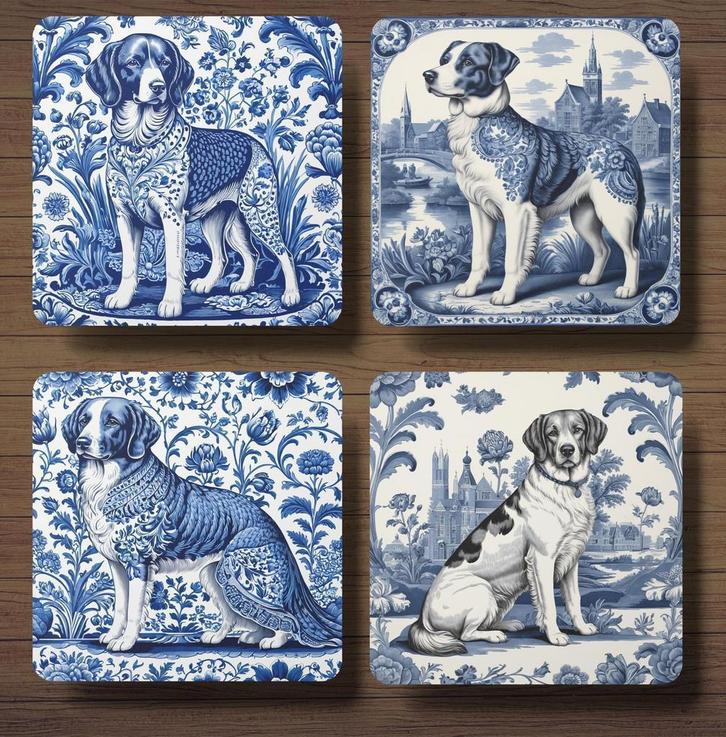 Drentsche Patrijshond Delfts Blauw onderzetters met houder, Huis en Inrichting, Woonaccessoires | Onderzetters, Nieuw, Glas of Kopje