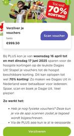 Plus Dagje uit voucher digitaal t.w. € 5,00 >70%, Tickets en Kaartjes, Kortingen en Cadeaubonnen, Drie personen of meer, Kortingsbon