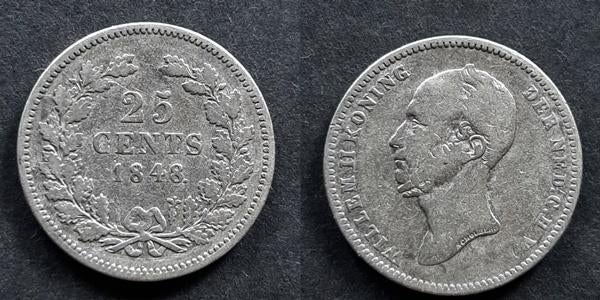25 cent 1848 Willem II zilver, Postzegels en Munten, Munten | Nederland, Verzenden, Koning Willem II, 25 cent, Zilver