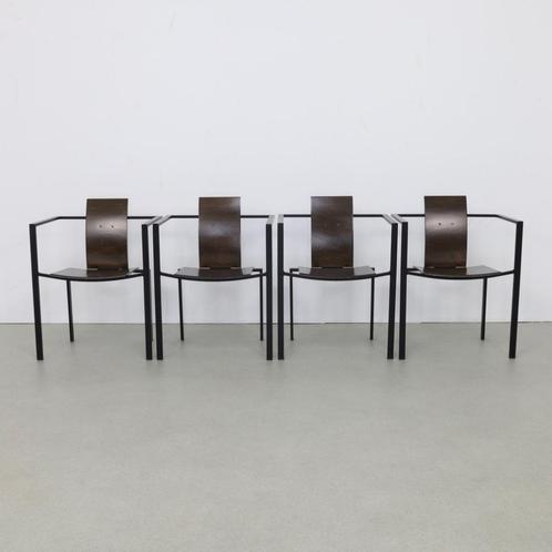 Postmoderne Eetkamerstoelen 4 KFF, 1980s (setprijs), Huis en Inrichting, Stoelen, Gebruikt, Vier, Hout, Metaal, Bruin, Ophalen