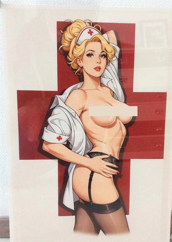 18+ Pin Up Sexy Litho Poster Verpleegster Lingerie, Antiek en Kunst, Kunst | Tekeningen en Foto's, Ophalen of Verzenden