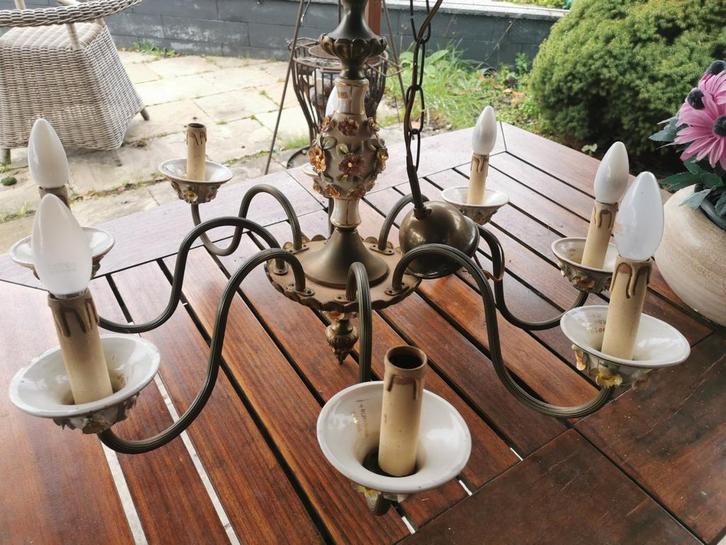 Antieke Italiaanse Kroonluchter Porselein Bloemen, Huis en Inrichting, Lampen | Kroonluchters, Zo goed als nieuw, Metaal, Ophalen