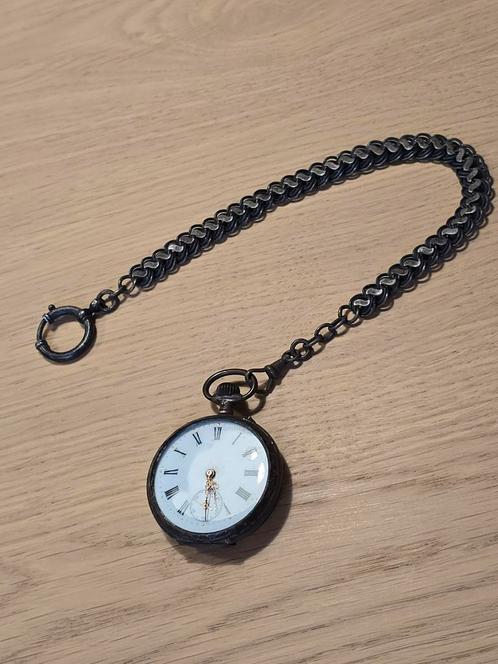 Zilveren Remontoir Cylindre Zakhorloge + 28.5 cm ketting, Antiek en Kunst, Antiek | Goud en Zilver, Ophalen of Verzenden