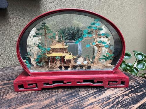 Chinees kurk diorama achter glas houtsnijwerk voet chinese, Antiek en Kunst, Kunst | Niet-Westerse kunst, Ophalen of Verzenden