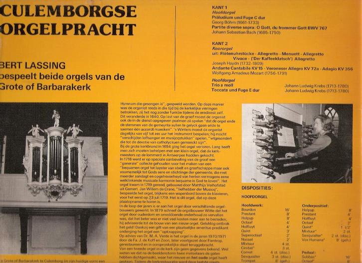 Culemborg Orgelpracht-Barbarakerk- bespeling Bert Lassing, Cd's en Dvd's, Vinyl | Klassiek, Gebruikt, Classicisme, Overige typen