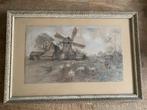 Krijttekening schapen bij molen in lijst achter glas, Ophalen of Verzenden