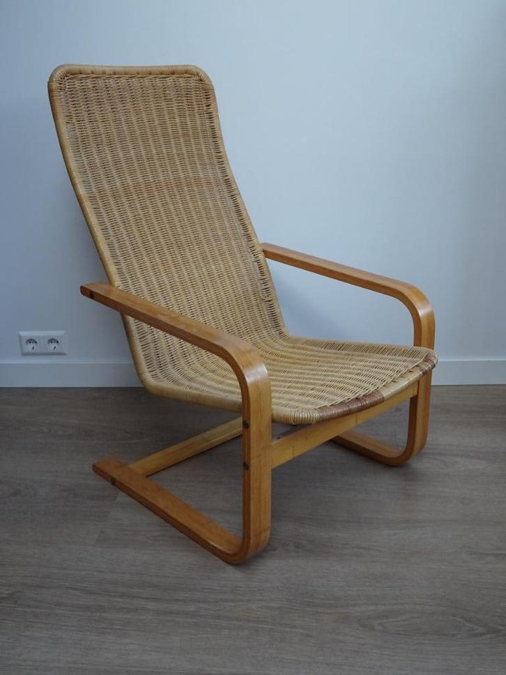 Vintage Ikea rotan fauteuil Ps Yngve Ekstrom stoel, Huis en Inrichting, Fauteuils, Gebruikt, Hout, 50 tot 75 cm, Minder dan 75 cm
